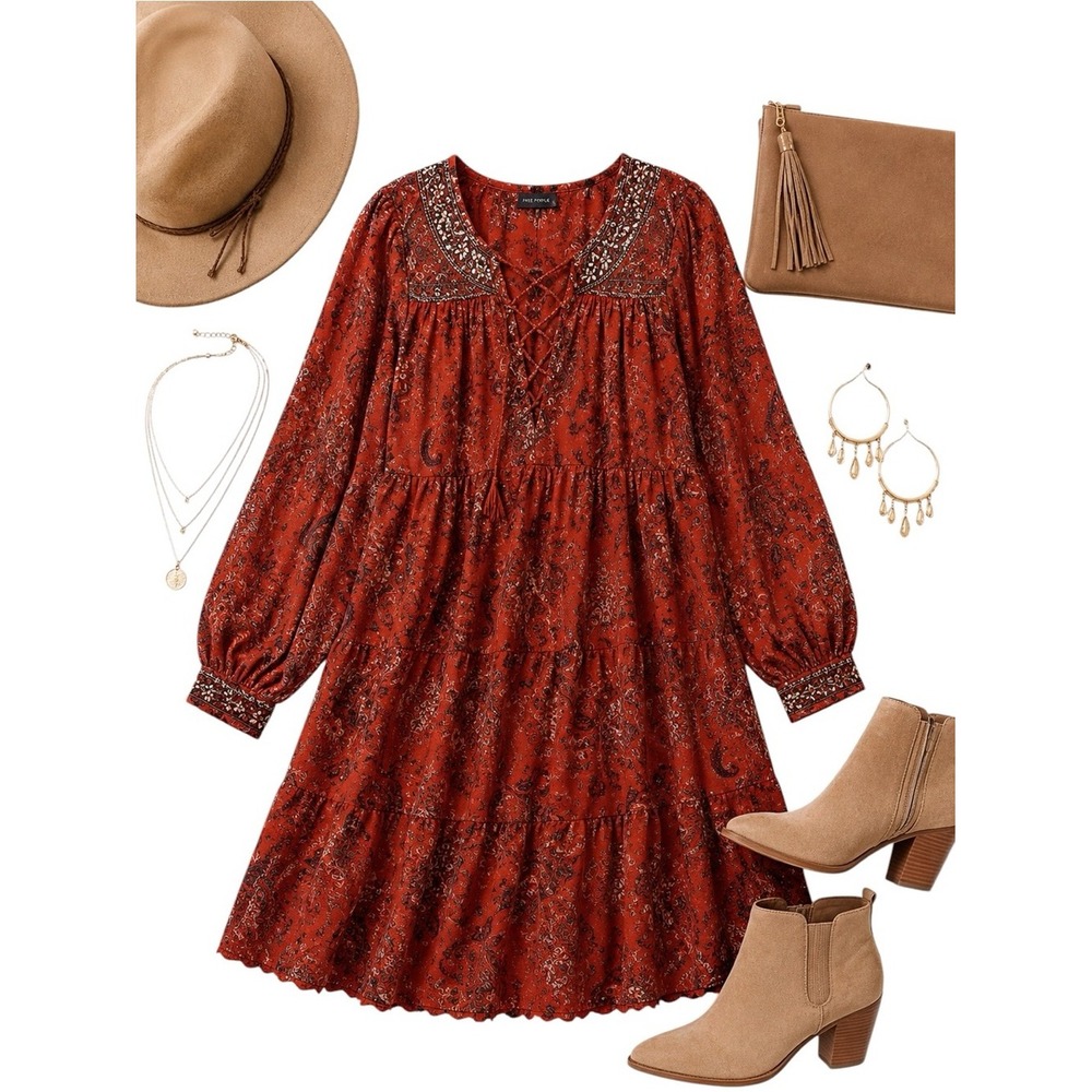 Free People Red Paisley Boho Mini Dress Lace Up Raw Hem Women's XS Festival Wear